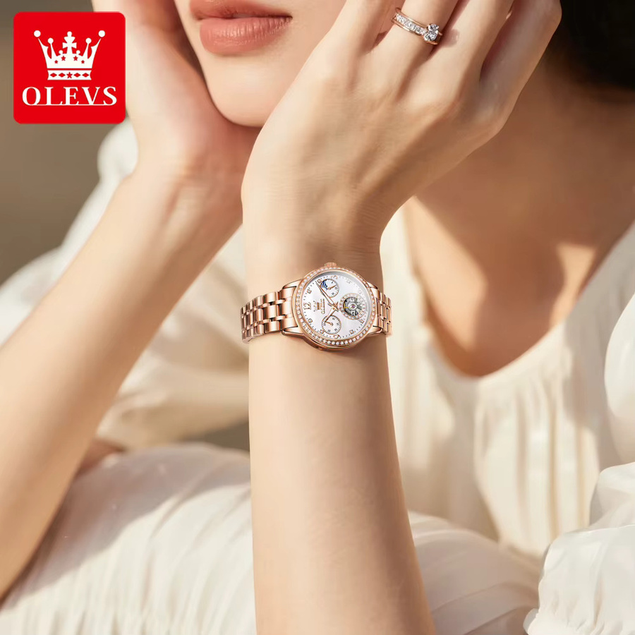 OLEVS Armbanduhr Automatik, Edelstahl, Roségold, Diamant, Mondphase, Damen - Bild 6