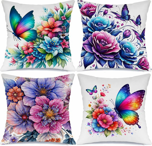 Tinika Chen Kissenbezug mit Regenbogen Schmetterlingsblumen Digitaldruck aus kurzem Plüsch in Multicolor, B/B/H: 18 x 18 x 18 cm - Bild 1