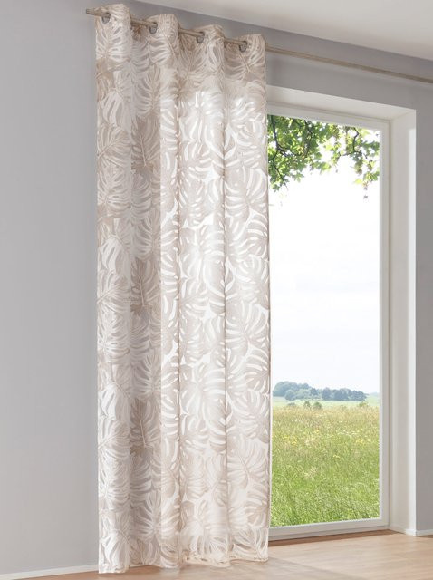 Heine Home Dekostore mit floralem Blätter-Muster in Weiß und Beige, semi-transparent, Stoffpanel mit Ösen, 70% Viskose und 30% Polyester - Bild 1
