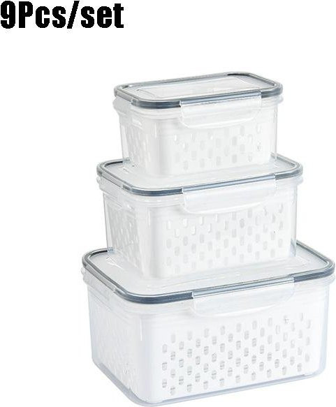9-teiliges Set Obstaufbewahrungsbehälter für den Kühlschrank von Binchi Outdoor Product mit abnehmbarem Sieb in Grau und Transparent - Bild 1