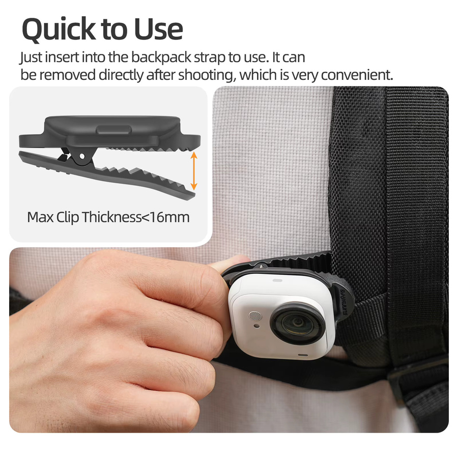 Insta360 Rucksack-Clip-Halterung für Insta360 Go Ultra Sportkamera in Schwarz mit 360-Grad-Drehung und Anti-Shake-Funktion - Bild 4