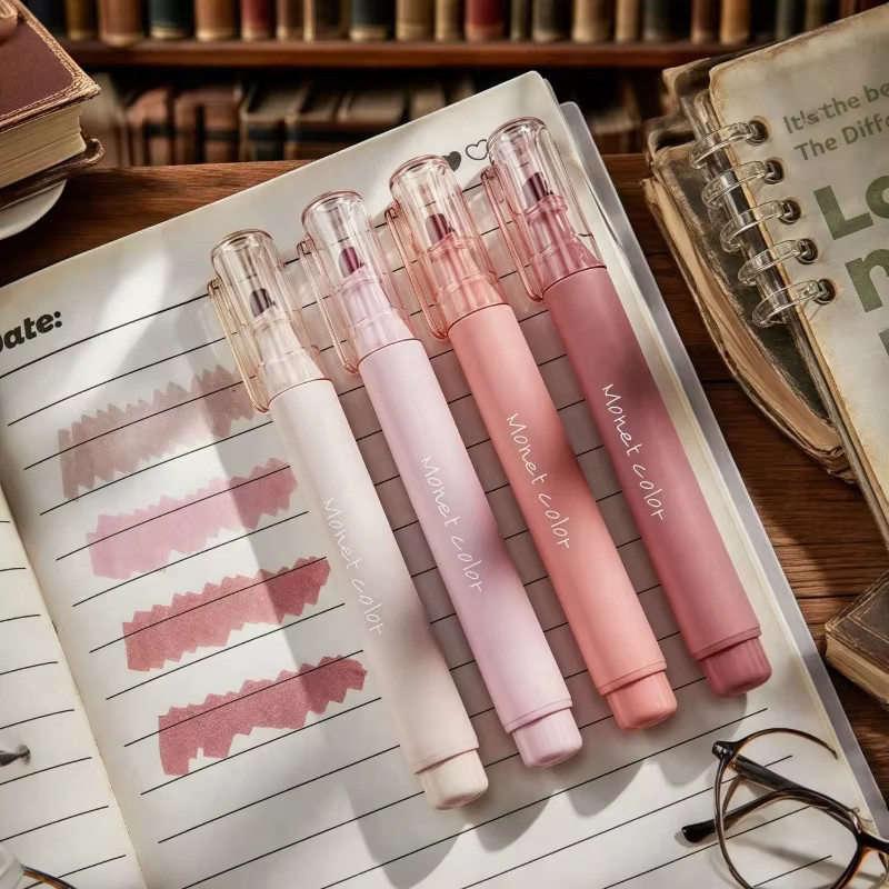 4er-Pack Soft-Touch-Fluoreszenz-Gelstifte in Morandi-Rosa und Grün mit schnelltrocknender Tinte für Schule und Büro - Bild 2