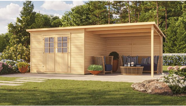 Weka Holz-Gartenhaus Como in Natur mit Anbaudach und Pultdach aus Fichtenholz, B: 598 cm, T: 300 cm, H: 303 cm - Bild 1
