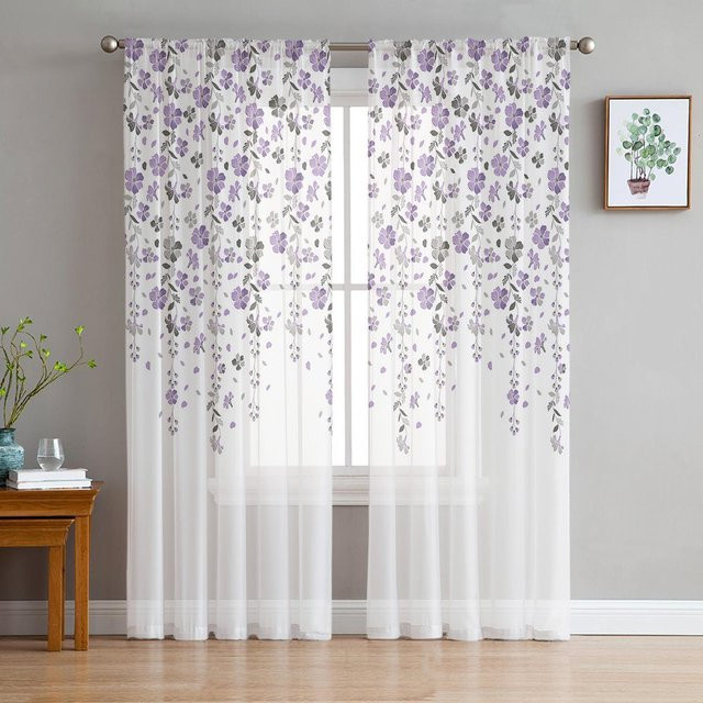 Yiran Furniture Transparente Tüll Vorhänge mit Blumenmuster in Petrol und Weiß, Organza Gardinen mit Ösen, Breite: 135 cm, Höhe: 115 cm - Bild 1