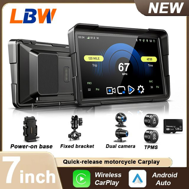 LBW Quick-Release Motorrad-Navigationskit mit Android Carplay, TPMS, Dual-Kameras und Power Dock in Schwarz - Bild 1