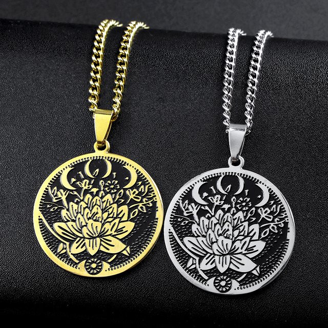 JYTF Halskette Dreifache Mondgöttin mit Lotusblüten, Edelstahl, goldfarben, Unisex - Bild 1