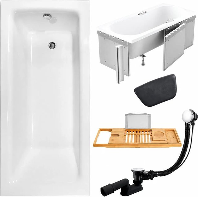 KOLMAN Badewanne KODI rechteckig aus Acryl in Weiß oder Schwarz mit Styroporverkleidung, Bambus-Badewannenablage und Kopfstütze, B/T: 140 x 70 cm - Bild 1