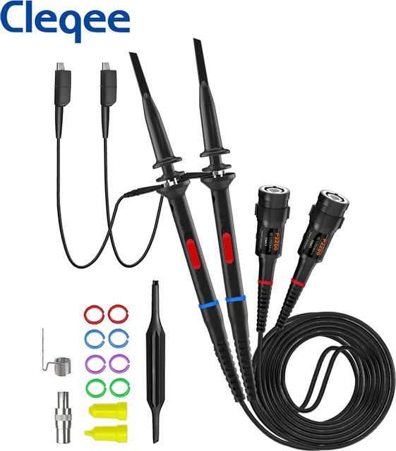 Cleqee P2200 Oszilloskop-Tastkopf Set 2 Stück, 200 MHz, 10:1 Sonde mit BNC-Messleitungsklemmen, Schwarz - Bild 1