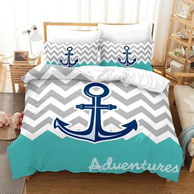 JMG Household Supplies Bettwäsche-Set mit Marine-Anker-Muster, ultraweiche Mikrofaser-Bettwäsche für Kinder und Jugendliche, B/H: 135 x 200 cm, Mehrfarbig - Bild 1
