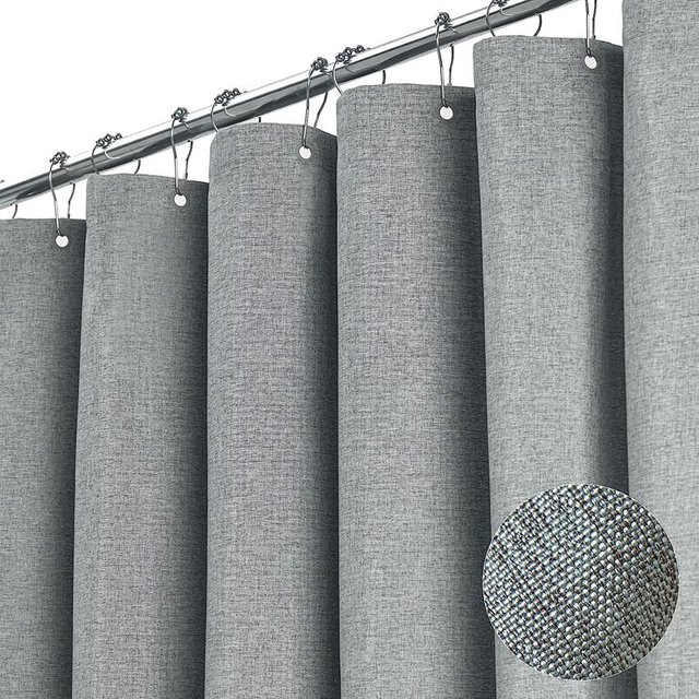 Wasserdichter Duschvorhang aus Leinen von WHQ Home Decoration in Grau mit silbernen Metallhaken, B x H: 260 x 200 cm - Bild 1