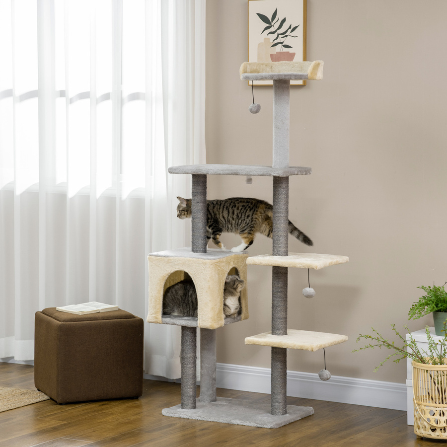 PawHut Kratzbaum für Katzen von Aosom mit Liegeplatz, Höhle und integriertem Spielzeug, Farbe: Grau und Beige, Höhe: 156 cm - Bild 2