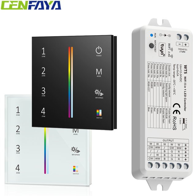 CENFAYA Smart LED-Streifen Controller Kit mit Tuya WIFI, RGBCCT Dimmer für DC12V 24V, 5 Kanäle, 4-Zonen Steuerung, Wandmontiertes Touch-Panel und RF 2.4G Fernbedienung - Bild 1