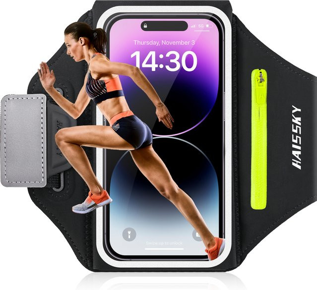Haissky Lauf-Sportarmband mit Reißverschlusstasche und Touchscreen-Funktion für iPhone 17 16 15 14 13 Pro Max Air Plus, Farben: Grau und Schwarz - Bild 1