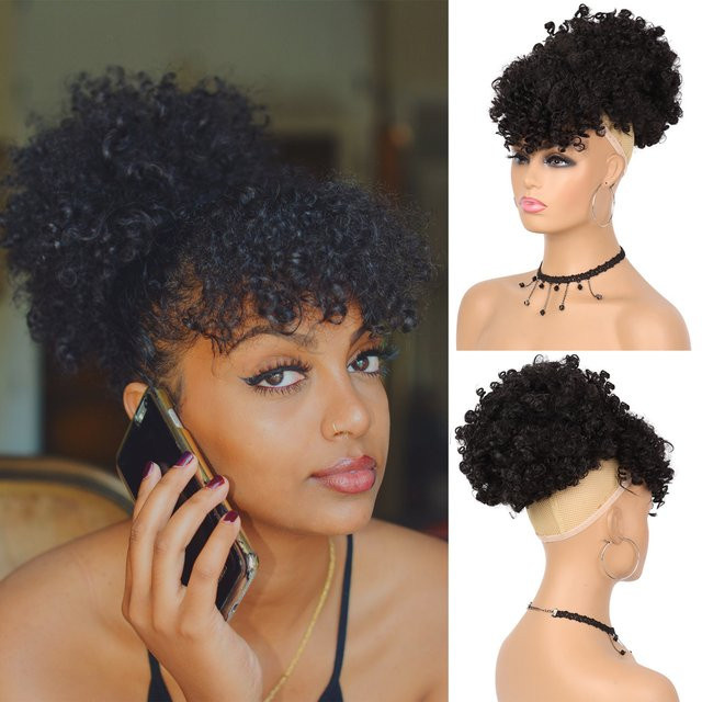 G&T Wig Synthetische Perücke, Pferdeschwanz-Erweiterungen, Afro-Haarknoten mit Pony, kurz, lockig - Bild 1