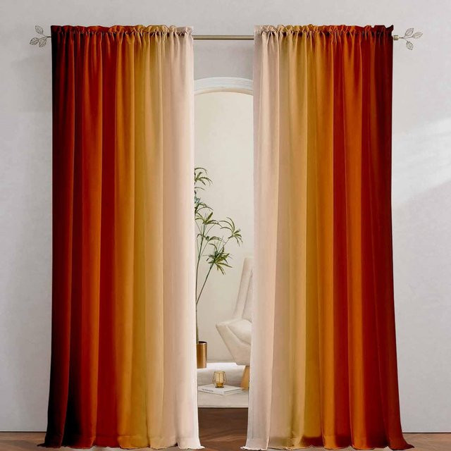 Boho Mid Century Vorhänge mit abstraktem Blätter- und Regenbogen-Design, Farbe: Orange/Mehrfarbig, B: 130 cm, H: 160 cm, 2er-Set - Bild 1
