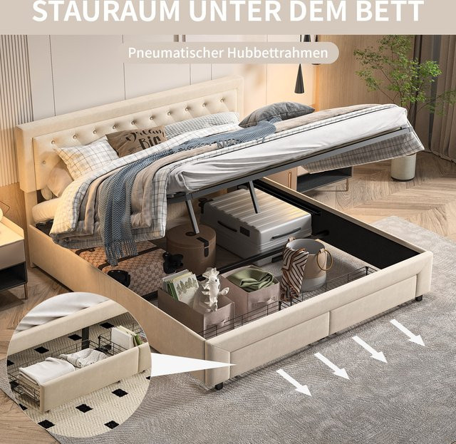 Anajqaqia Polsterbett aus Samt in Beige mit hydraulischem Stauraum, Lattenrost und 2 Schubladen, B/T: 180 x 200 cm - Bild 1