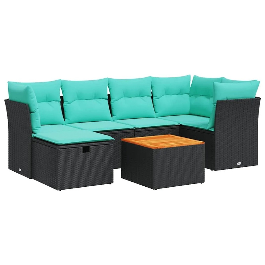 vidaXL 7-teilige Garten-Sofagarnitur aus Polyrattan in Schwarz mit Kissen und Couchtisch im L-Shape Design - Bild 2