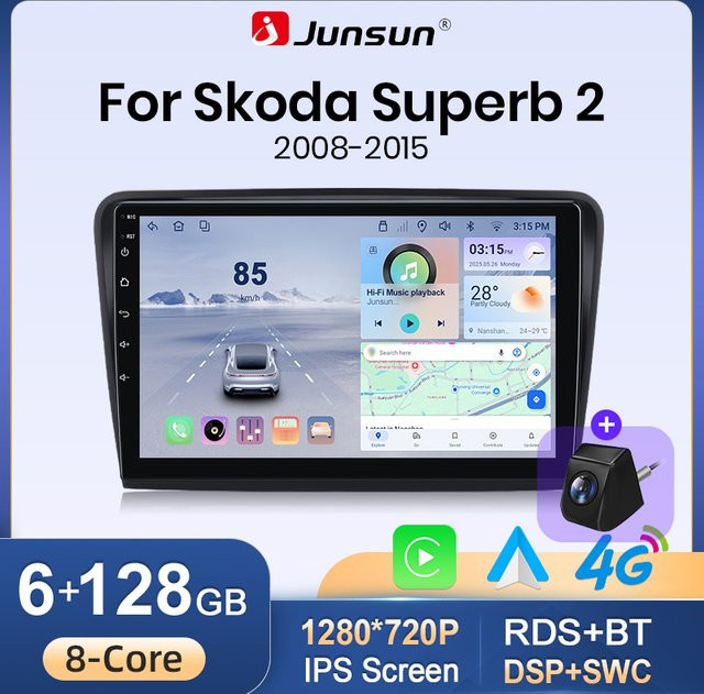 Junsun Android 15 Autoradio für Skoda Superb 2 (2008-2015) mit 10 Zoll Display, kabelloses Apple CarPlay, Bluetooth und Wi-Fi, 2-Din Multimedia-Player in Schwarz und Silber - Bild 1
