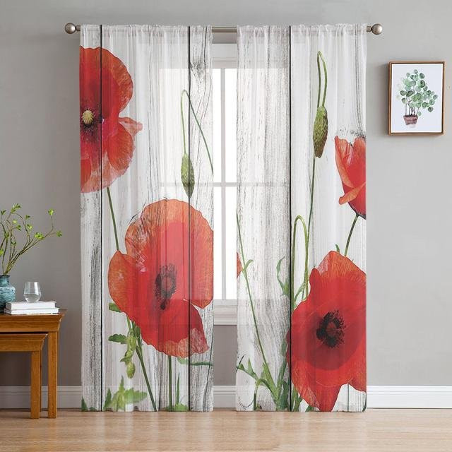 A Family Of Home Textiles Mohnblumen-Tüllvorhang mit floralem Design, transparent, mehrfarbig, B: 135 cm, H: 137 cm - Bild 1