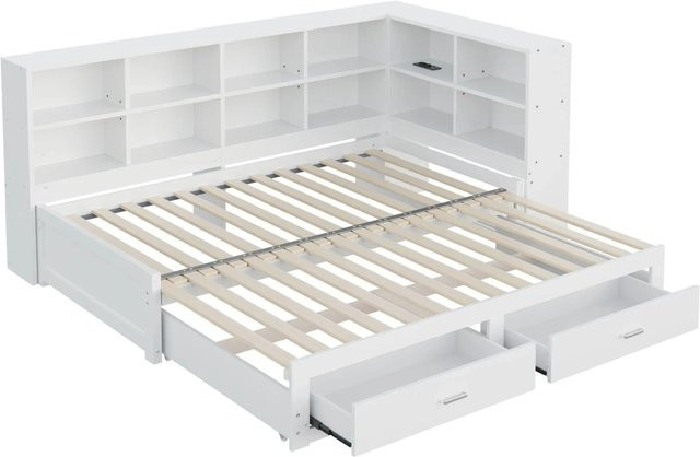Merax Schlafsofa aus Massivholz und MDF mit USB-Ladeport und Ablage in Weiß und Grau, B/T/H: 90 x 190 x 82 cm - Bild 1