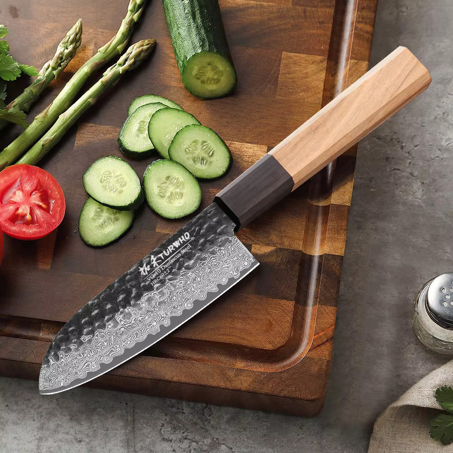 TURWHO Santokumesser aus Damaststahl, 12,7 cm japanisches Kochmesser mit Holzgriff, Silber - Bild 3