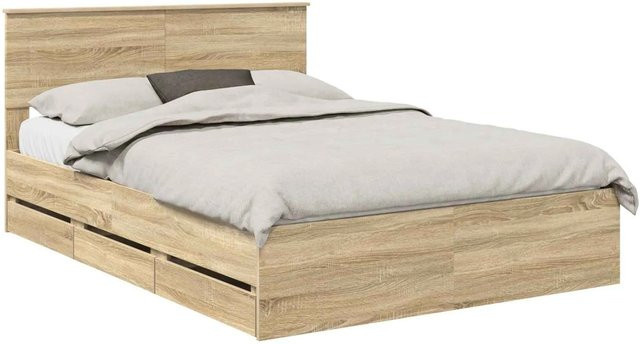 vidaXL Bettrahmen Sonoma-Eiche mit Schubladen aus Holzwerkstoff, B/T/H: 140 x 200 x 90 cm - Bild 1