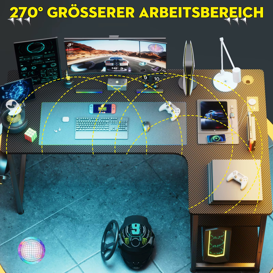 COMHOMA Gaming Schreibtisch in L-Form mit Regal, USB-Ladeanschluss und Steckdose, Farbe: Black, Breite: 120 cm - Bild 2