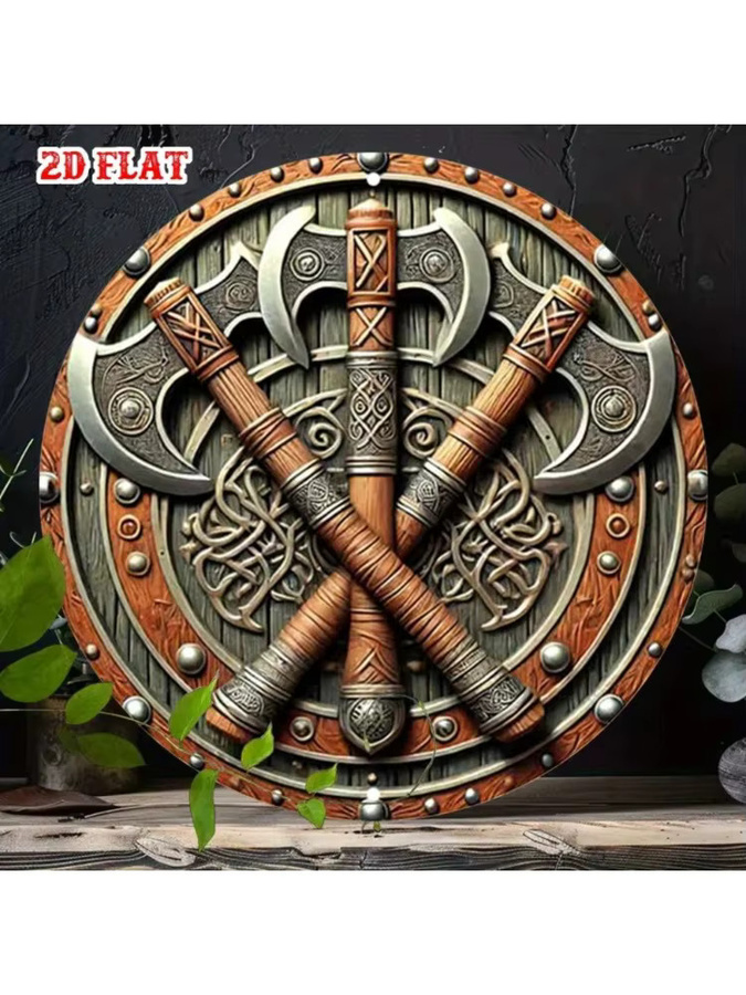 Wikinger-Axt Wandkunst CIFBUY Nordisches Retro Aluminium Rundes Schild Geometrische Heimdekoration in Braun - Bild 6