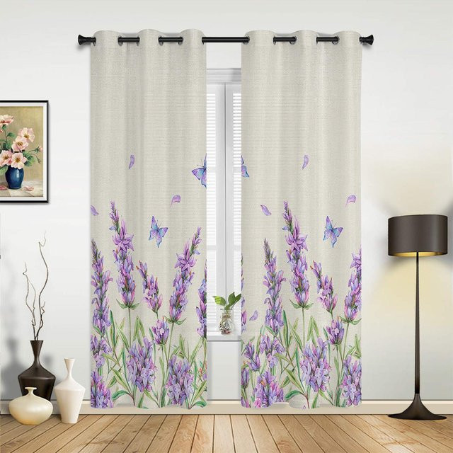 Dekorativer Vorhang mit Aquarell-Blumen und Schmetterlingen in Lavendel von Super Six, Breite: 135 cm, Höhe: 92 cm - Bild 1
