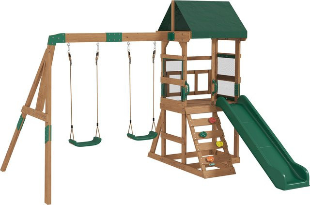 AIYAPLAY Spielturm Klettergerüst Schaukelgestell mit Rutsche Outdoor Kinder Kletterturm aus Holz für 3 Jahre - Bild 1
