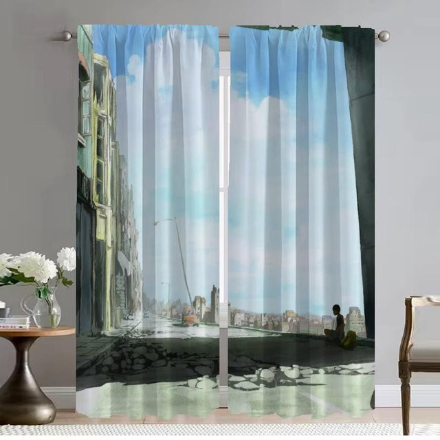 City Road Cartoon Fenstervorhang Set aus 2 Paneelen, halbtransparenter Tüll mit Grafikdesign für Wohnzimmer und Schlafzimmer, Mehrfarbig, Breite: 50 cm, Höhe: 70 cm - Bild 1