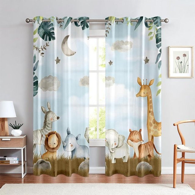 Tier-Fenstervorhänge im Cartoon-Stil für Kinderzimmer mit Tiger, Elefant und Giraffe, 2 Paneele, Mehrfarbig, Breite: 50 cm, Höhe: 130 cm - Bild 1