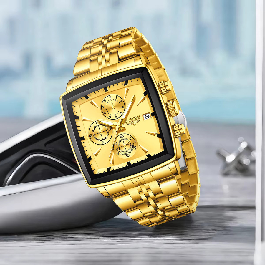 LIGE Chronograph Armbanduhr, Edelstahl, Gold, Quarz, Herren, Eckig - Bild 2