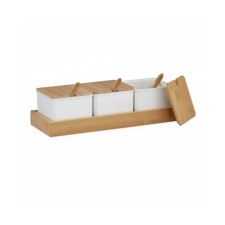 Relaxdays Gewürzbehälter Set aus Bambus und Kunststoff in Weiß mit Deckel, Löffeln und Bambustablett, B/T/H: 30 x 11 x 13 cm - Bild 2