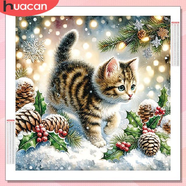 HUACAN 5D Diamantmalerei Katze Weihnachten Rundes Diamant Mosaik Set zur Wanddekoration - Bild 1