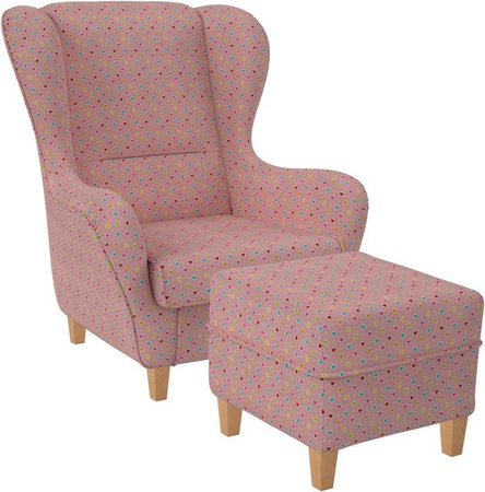 Supellex Sofia Ohrensessel mit Hocker in Rosa mit Herzchen-Design