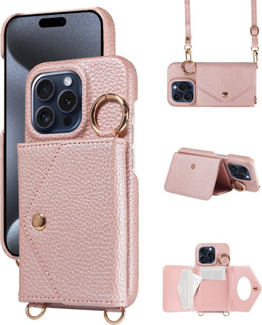 Stilvolle Damen-Umhängetasche aus PU-Leder für iPhone 14 und iPhone 13 Modelle mit langem Lanyard und Spiegel-Telefonabdeckung in Weiß oder Pink - Bild 1