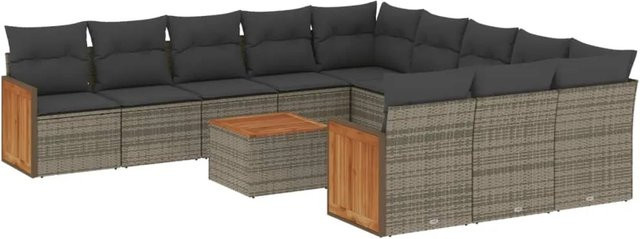 vidaXL 12-tlg Garten-Sofagarnitur in L-Form aus Polyrattan und Akazienholz in Grau mit Kissen - Bild 1