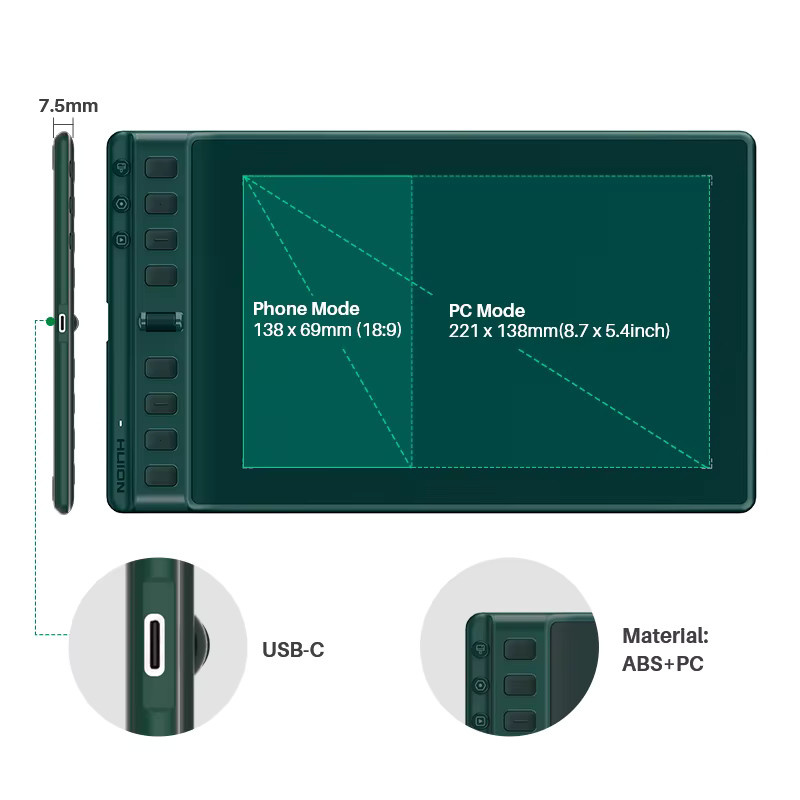 Huion Inspiroy 2 M Grafiktablett H951P in Grün mit PenTech 3.0 und 3 Gruppentasten - Bild 2