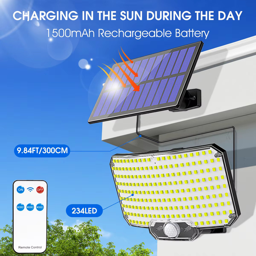 Aiopp Solar-Wandleuchte mit 234 LEDs und Fernbedienung, wasserdichtes Flutlicht mit Bewegungsmelder für Terrasse und Garage, Weiß - Bild 5