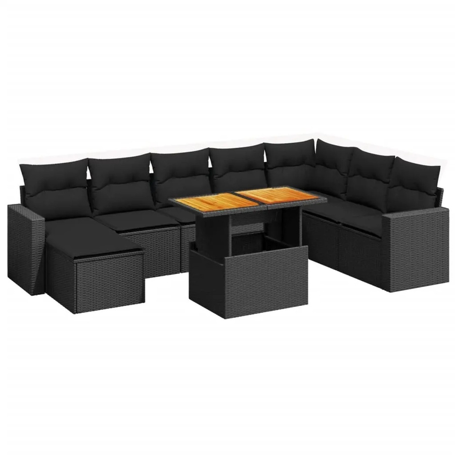 vidaXL 9-teilige Garten-Sofagarnitur aus Poly-Rattan und Akazienholz in Schwarz mit Kissen - Bild 2