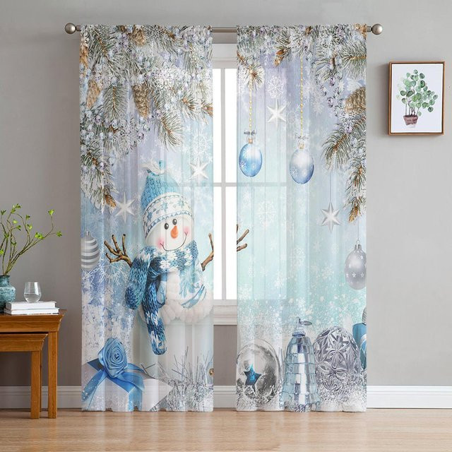 Yiran Furniture Transparentes Tüll-Voile-Fenstervorhang mit Weihnachtsbaum, Schneemann und Schneeflocken in Rosa, Breite: 135 cm, Höhe: 115 cm - Bild 1
