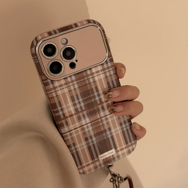 MUQGEW Handyhülle im Koreanischen Retro-Stil mit braunem Gittermuster und stoßfester Handschlaufe für iPhone 17 16 15 14 13 12 11 Pro Max - Bild 1