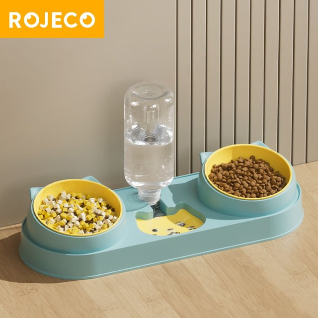 Rojeco 3 in 1 Haustierschale in Blau mit Wasserspender und Doppel-Fütterung für Trocken- und Nassfutter von Katze und Hund - Bild 1