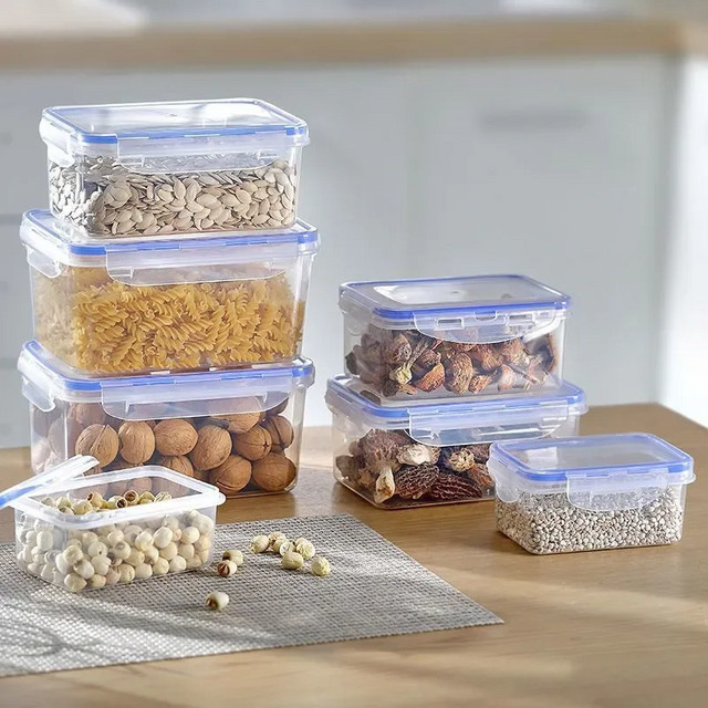 Versiegelte rechteckige Kühlschrank-Aufbewahrungsbox aus Kunststoff mit Deckel, mikrowellengeeignete Lunchbox in Weiß und Transparent - Bild 1