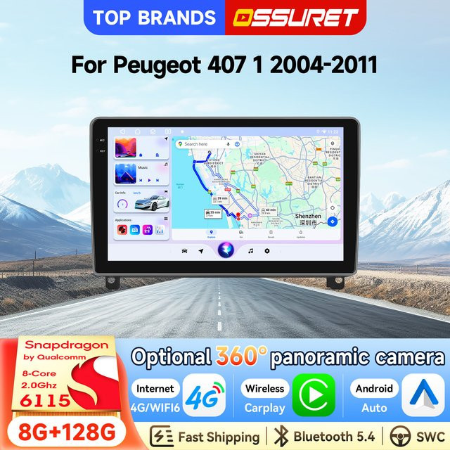 OSSURET Android 15 Auto-Infotainment-Radio für Peugeot 407, 9 Zoll Display, 8-Kern 2,0GHz, DSP 32EQ Audio, Bluetooth 5.4, Schwarz - Bild 1
