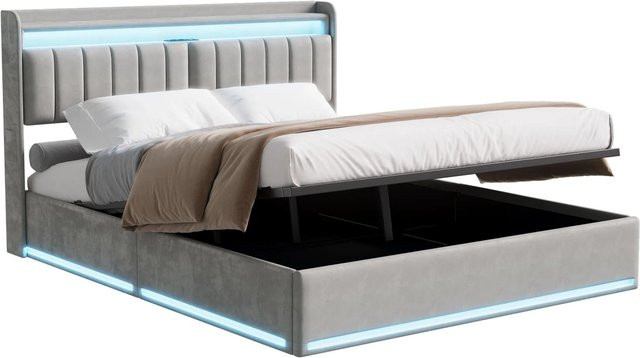 PXloue Doppelbett mit Stauraum und LED-Beleuchtung in Grau, Polsterbett aus Leinen mit USB-Anschluss und Bettablage, B: 140 cm, H: 103 cm, T: 207 cm - Bild 1