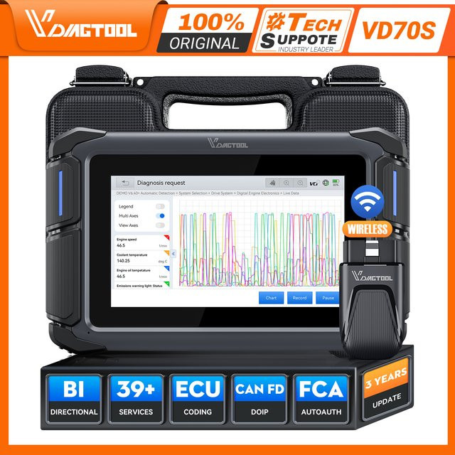 VDIAGTOOL VD70S Kfz-Diagnosegerät in Schwarz mit KI-Unterstützung für ECU-Codierung, OBD2-Diagnosewerkzeug mit Unterstützung für FCA, CAN FD und DoIP sowie 36+ Resets - Bild 1