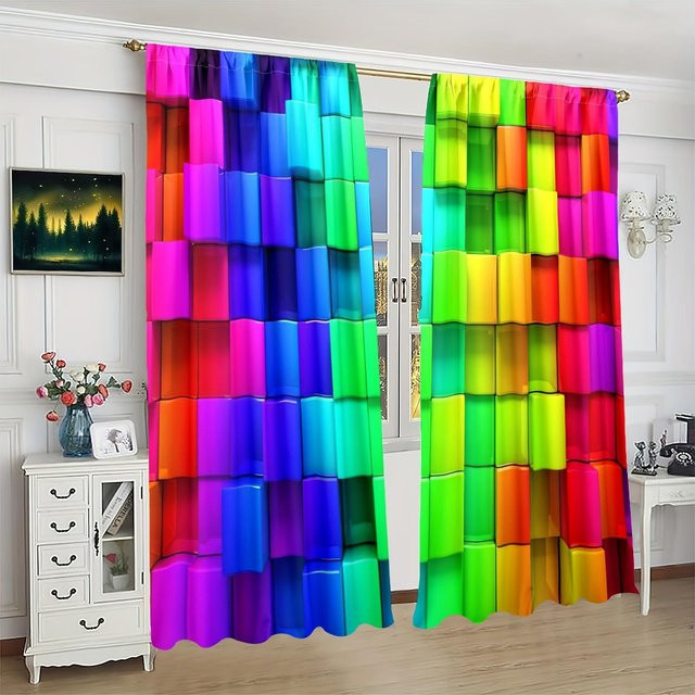 Yiran Furniture Vorhang Set mit Geometrie-Print aus Polyester, 2 Stück, Mehrfarbig, semi-transparent - Bild 1