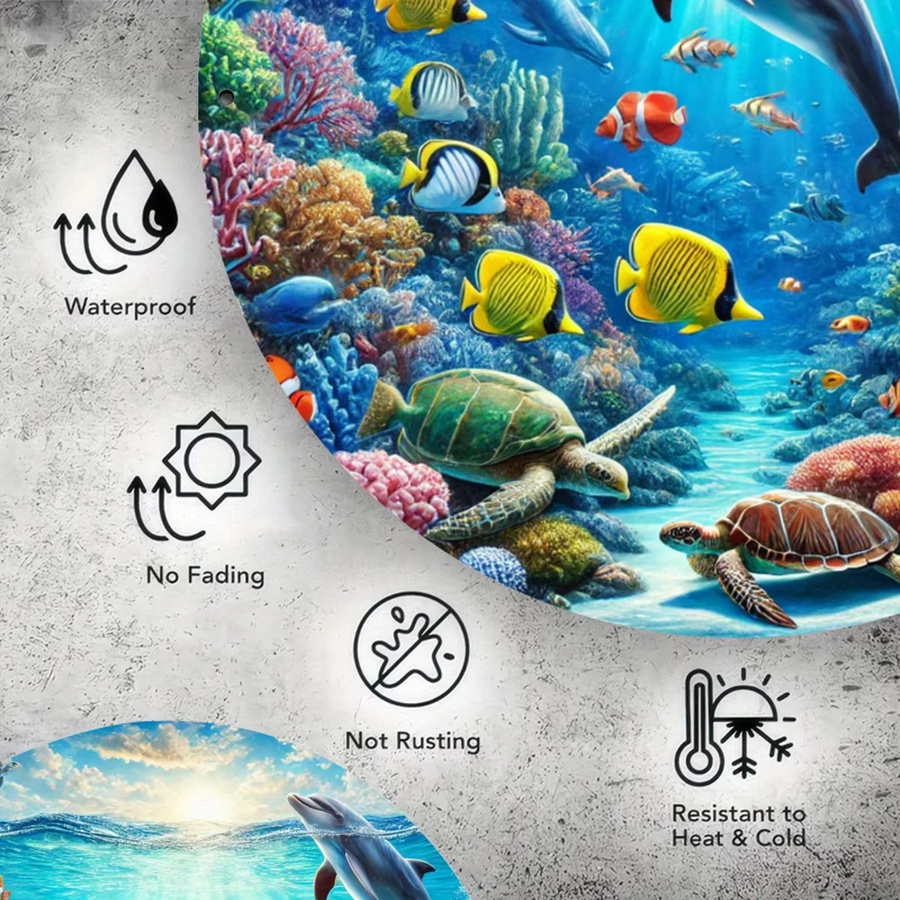 Rundes Metallschild Ocean Life Schwimmmuster von Potdemiel, Wandkunst in Mehrfarbig, Durchmesser: 20,32 cm - Bild 3